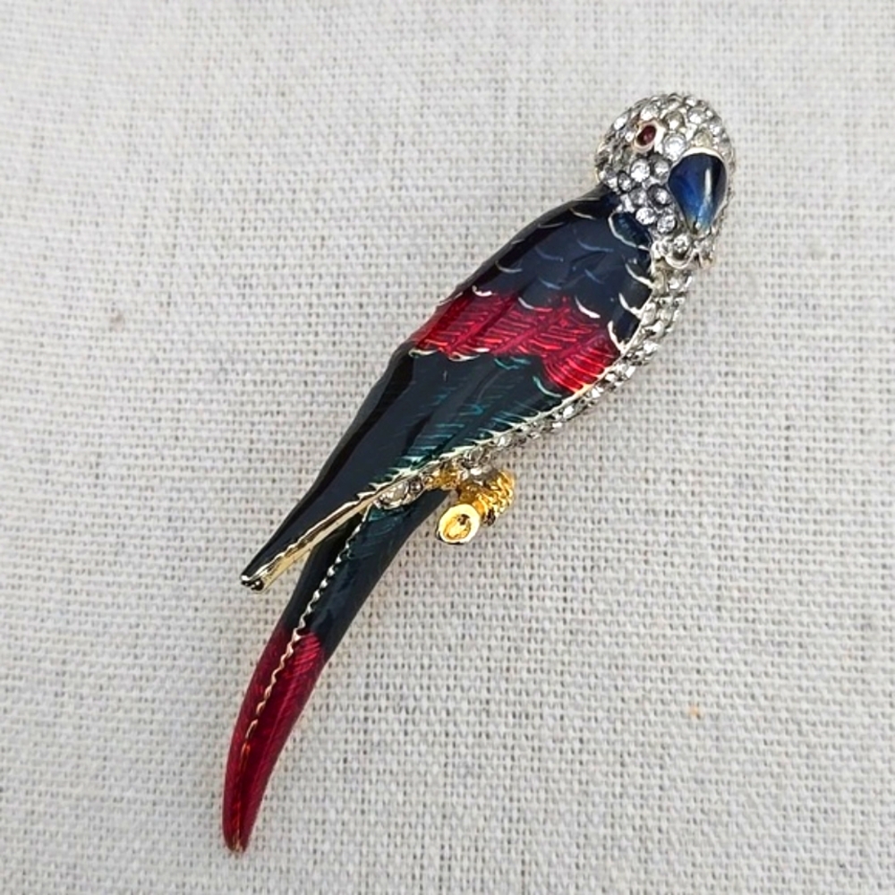Enamel & Rhinestone Parrot Brooch